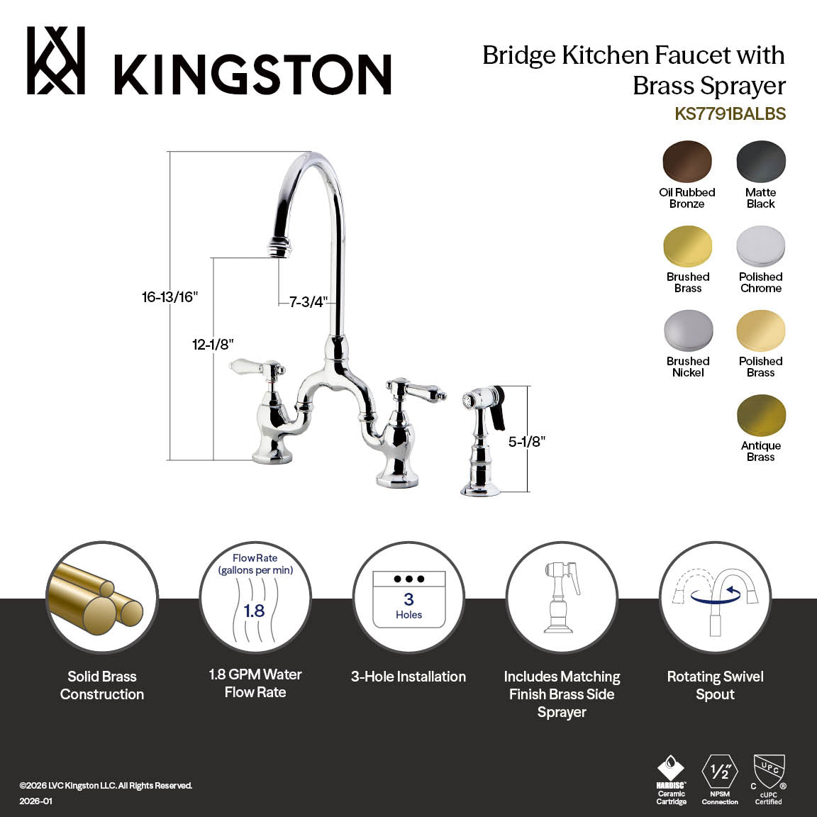 Kingston Heirloom KS7792BALBS - Heirloom Two-Handle 3-Hole Deck Mount Bridge Kitchen Faucet with Brass Sprayer, Polished Brass — thumbnail 3